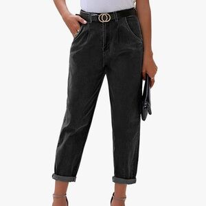 Ankle Cropped Pleated Front Washed Black Jeans Relaxed Fit